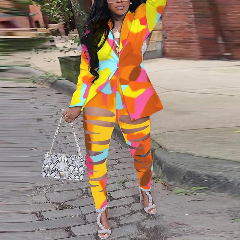 Blazer Hollow Out Pant Set