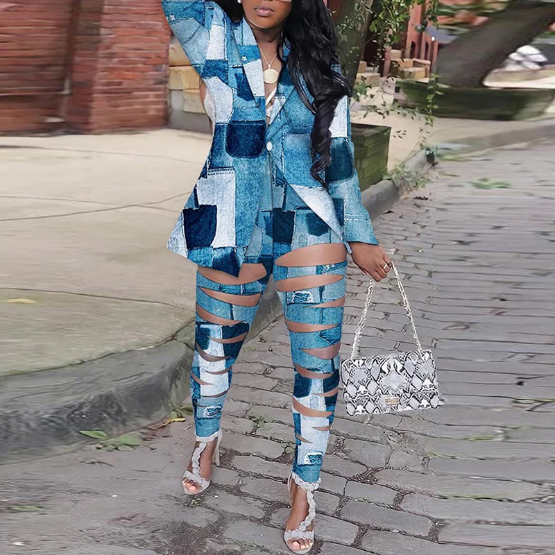 Blazer Hollow Out Pant Set