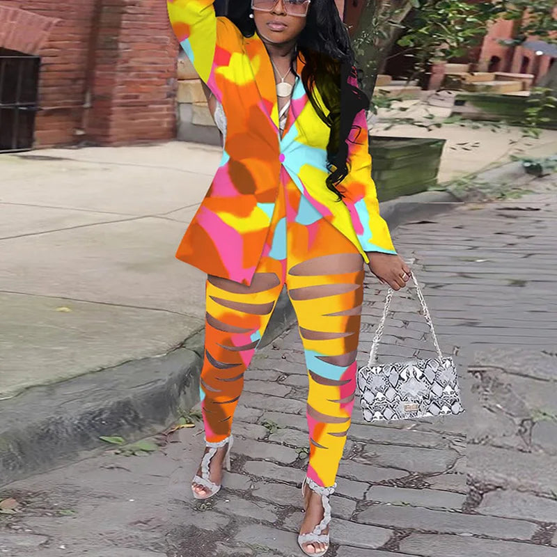 Blazer Hollow Out Pant Set