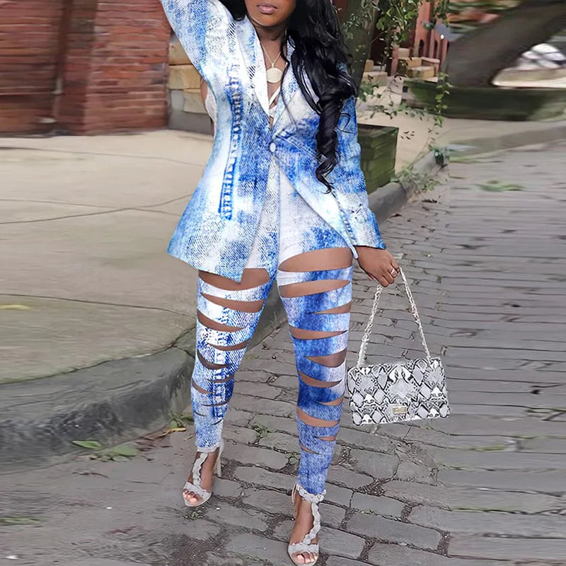 Blazer Hollow Out Pant Set