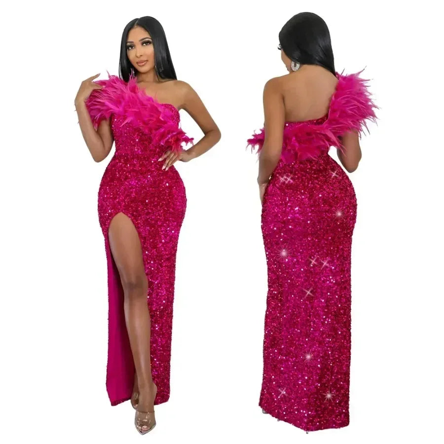 Feather Sequin Gown
