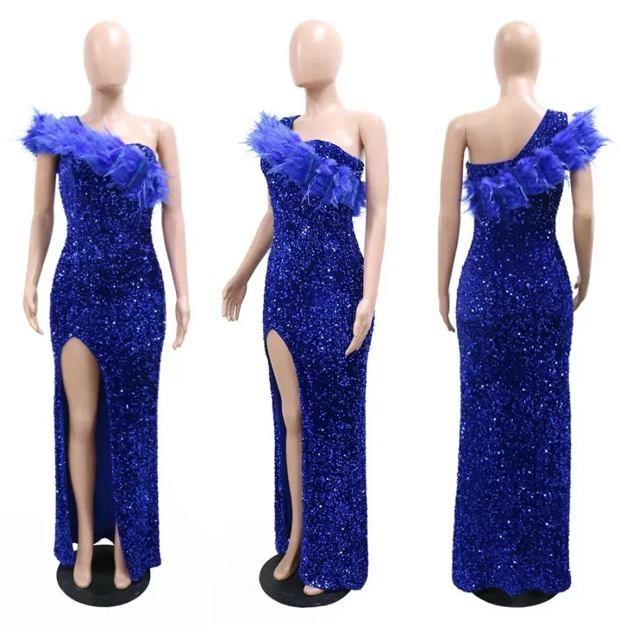 Feather Sequin Gown